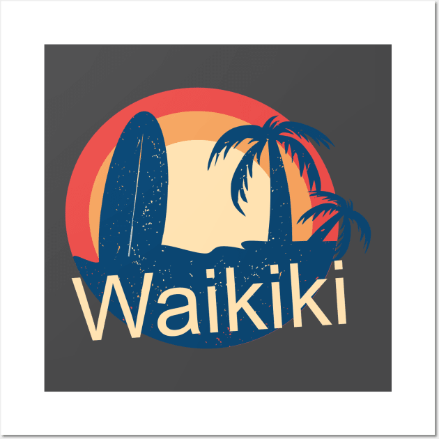 Waikiki Honolulu Hawaii Surfing Paradise Sunrise Tropical Design Wall Art by AdrianaHolmesArt